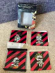 Ed Hardy by Christian Audigier SKULLS Glass Coasters Set of 4 w/Holder NEW NIB