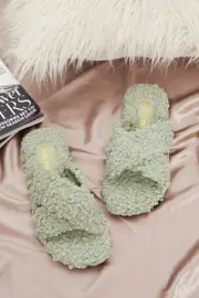 Green Plus Borg Fluffy Teddy Crossover Slider Slippers