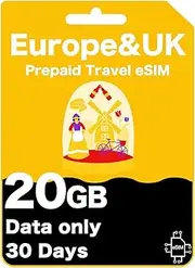 Europe & UK Prepaid eSIM - KPN Network, High-Speed Data for 30 Days, Unlimited Data at 128kbps, Data-Only (20GB (30 Days))