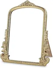 Vintage Vanity Mirror, Antique Chic Arch Table Mirror with Standing, Wood Framed Carved Arendahl Mirror for Desk, Living Room, Bedroom, Vintage Decor Small Gold Mirror, 11.8 x 9.6 inch