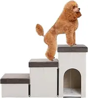 3 Steps Dog Stairs for Small Dogs Dog Stairs with Storage Space for Bed Sofa 60 cm High Cat Stairs for Old Cats Sponge Pet Stairs Beige
