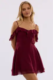 Red Mini Dress Ruffle Detail Chiffon - Size 16XL, Women's Skater Dress