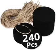 240 Pcs round Gift Tags, Blank Black Paper Tags with Natural Jute Twine String f