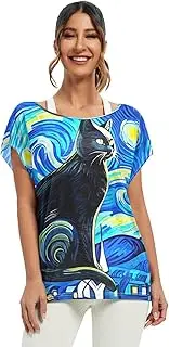 [RPLIFE] Black Cat Blue Night Sky Top Batwing Sleeve Off Shoulder Casual Top, S-XXL Women Blouses Casual
