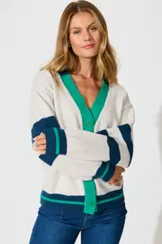 Dina Knit Cardigan Full Length Sleeve in multicolor Green Multi Wool Blend S/M