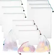 KALIONE 9Pcs Reusable Produce Bags Mesh Grocery Bag Drawstring Netted Mesh Bags for Fresh Vegetable, See Through Mesh Produce Bags for Storage Fruit Vegetable(30 * 20cm,30 * 36cm,30 * 44cm), White,