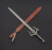 Handmade Damascus Steel Jango Sword with Leather Sheath, Realistic Dragon Sword