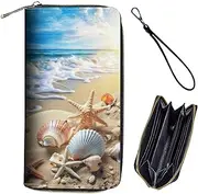 [Bxgolkgd] Womens Wallet, RFID Blocking Leather Wallet,Large Capacity Wallet Credit Card Holder PU Leather Ladies Clutch with Zipper Coin Pocket, Beach Shell Starfish 13