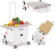 Foldable Utility Cart with Stair Climbing Wheels,Collapsible Rolling Crate with Magnetic Lid Telescopic Cover,Telescoping Handle,360° Rotate Wheel Hand Cart for Teacher Shopping Moving Grocery