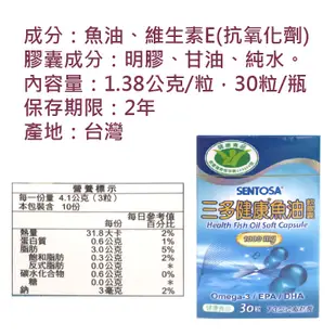 SENTOSA三多 健康魚油膠囊1000mg一罐30粒 60粒 Omega-3 EPA DHA