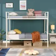 Twin Over Twin Metal Bunk Bed Frame with Ladder Guardrail for Teens Adults White