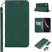CAVOR Mobile Phone Case Compatible with iPhone XR Case, Flip Genuine Leather Wallet Mobile Phone Case, 3 Card Slots, Magnetic, RFID Blocker, Flip Case Compatible with iPhone XR - Dark Green