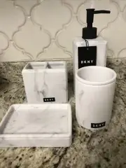 NEW DKNY 4 PC SET Marble Pattern SOAP DISPENSER,SOAP DISH, BRUSH HOLDER, TUMBLER