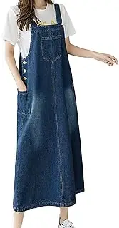 [ebossy] Women's Patchwork Denim Bib Overall Casual Button Jean Maxi Long Pinafore Dress With Pocket