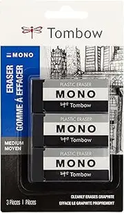Tombow 57330 MONO Black Eraser, Medium, 3-Pack. Cleanly Removes Marks Without Damaging Paper