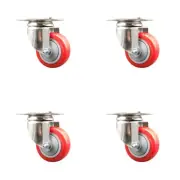 3 Inch 316SS Red Polyurethane Wheel Swivel Top Plate Caster Set Service Caster
