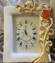 Via Veneto Table Top Clock, Ceramic, Made in Italy, Gold Painted, White New