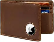 [BROSHOPP] AirTag Wallet Men, Bifold Genuine Leather Rfid Blocking AirTag Wallet with Cash Slots ID Window, Compatible Apple Air Tag Holder, Brown, Retro