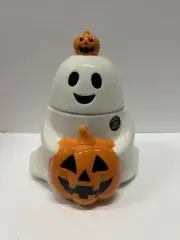 Cobwebs & Cauldrons Ghost & Jack-o-Lantern Halloween Pumpkin 12” Cookie Jar NWT