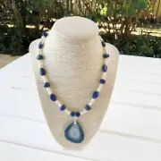 NWT Lapis Lazuli, Pearls, Dyed Agate Beaded Necklace Blue White