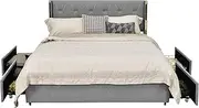 Giantex Bed Frame w/High Headboard & Drawers, PU Leather/Linen Upholstered Soft Bed with Storage, Heavy-Duty Noise-Free Platform Bed Frame, Easy Assembly, No Box Spring (Silver, Double)