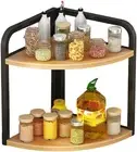 2-Tier Kitchen Countertop Corner Shelf Spice Rack Wooden Black Oak Organizer