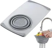 Cutting Board with Strainer for Sink, Chopping Board and Strainer for Kitchen Sink, Extendable Drain Basket, Chopping Board with Containers Over the Sink, Chopping Board for Kitchen