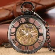 Luxury Roman Numbers Transparent Black Mechanical Hand-winding Pocket Watch Gift