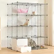 JIUPETY Cat Cage Indoor with Litter Box, DIY Cat Enclosure Large Playpen, Detachable Metal Wire Kennel Crate Large Exercise Place with Hammock for 1–3 Cats, 41" L x 28" W x 55" H