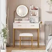 Makeup Vanity Desk Stool Set with LED Light and Charging Station, Dressing Table with 360°Rotating Mirror, Drawers Trays and Shelves Storage for Bedroom, Metal Frame(Wood Colour)