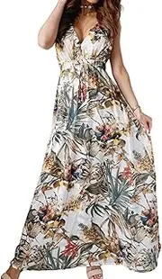 [SHINsuke] Women Summer Bohemian Floral Maxi Cami Sun Dress, Casual Spring Tie V Neck Backless Boho Long A-Line Swing Slip Dress Beach