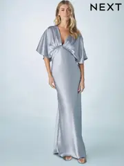 Dusky Blue Bridesmaid Satin Flutter Sleeve Maxi Dress (AG5321) | $150