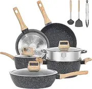 12 Pcs Pots and Pans Set, Granite Nonstick Cookware Sets, Induction Non Toxic Healthy Kitchen Cooking Set with Frying Pans Set, Saucepans, Steamer, PFAS PTFE PFOA PFOS Free, Black