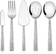 Hammered Serving Utensils, E-far 5-Piece Stainless Steel Square Hostess Serving Set for Buffet Party Kitchen Restaurant, Mirror Finished & Dishwasher Safe