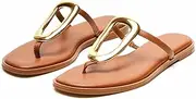 [Wnshonzy] Flip-Flops for Women Thong Sandals Flat Slip on Slides Leather Beach Comfort Open Square Toe Ladies Slipper Dressy Metal Hardware Decoration Summer Shoes Casual Fashion, Brown, 10.5