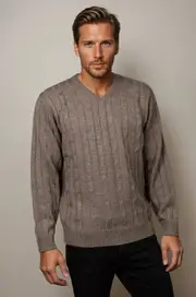 Ansett Sable Cable V Neck Wool Jumper