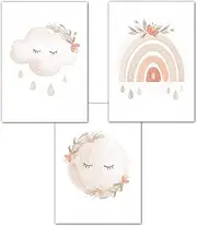Lemmami Papeterie Set of 3 Wall Pictures Nursery Baby Room Poster Pictures DIN A4 Girls Boy Decoration Boho Moon Rainbow Cloud (Set of 3 Pictures Pink, Pastel, Wall Decoration)