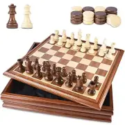 Chess and Checkers Board Game Sets for Adults Wooden Deluxe 15 inch Wood