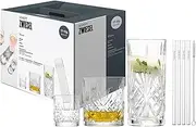 SCHOTT ZWIESEL Bar Set of 17, 4 Graceful Long Drinks, Whisky and Schnapps Glasses with Relieff, 4 Glass Drinking Straws and 1 Cotton Brush, Dishwasher Safe Crystal Glasses (Item No. 124010)