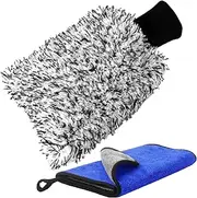 Microfibre Wash Mitt Car Wash Mitt Microfibre Glove & Microfibre Cloth Set, Shaggy Glove Coral Chenille Wash Glove with Cleaning Cloth, Polishing Cloths, Dry Cloth for Car Wash