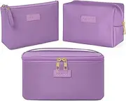 MAANGE Travel Makeup Bag - Large Makeup Bag with 2pcs Small Makeup Bag Portable Leather Cosmetic Bag Toiletry Bag Make Up Bags for Women and Girls (Purple)