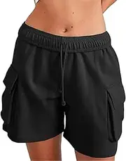 [FUNRKLI] Women's Summer Sports Shorts Drawstring Side Pockets Five Point Elastic Workwear Running Exercise Casual Loose Shorts