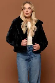 Black Faux Fur Jacket With Lapel Collar - Size 6XXS, Women's Faux Fur Jacket