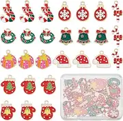 SUPERFINDINGS 36 Pcs 9Styles Christmas Theme Charms Cute Assorted Gold Plated Enamel Xmas Pendant Christmas Hat Snowflake Charms for DIY Jewelry Necklace Bracelet Earrings Making