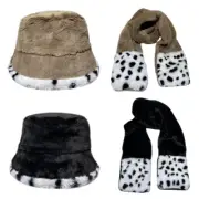 Winter Warm Hat Cow Printed Wide Brim Plush Scarf Harajuku Fisherman Cap