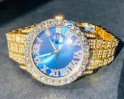 Mens Custom Fully Ice out Bling Round Blue Dial Iced Icy Watch Iced Cz 14k GoldP