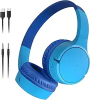 Belkin SoundForm Mini Kids Wireless Headphones w/Built-in Microphone, 30H of Playback Time, Fun Stickers - Over-Ear Headsets for Online Learning, School, iPhone, iPad, Galaxy, & More - Blue