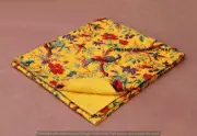 Queen Yellow Bird Print Boho Summer Kantha Quilt Cotton Home Dorm D?cor Blanket