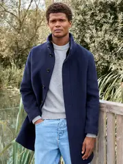 Navy Blue Signature Soft Touch Wool Funnel Neck Coat (961949) | $362