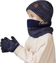 Tainrunse Kids Winter Hat Set Scarf Gloves 3 Pcs/Set Full Protection Thermal Elastic Thick Warm Windproof Soft Unisex Children Beanie Neck Navy Blue